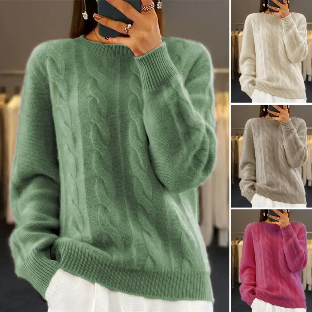 

Women Soft Sweater Retro Twist Texture Knit Sweater for Women Round Neck Long Sleeve Pullover Top Solid Color Loose Fit Knitwear