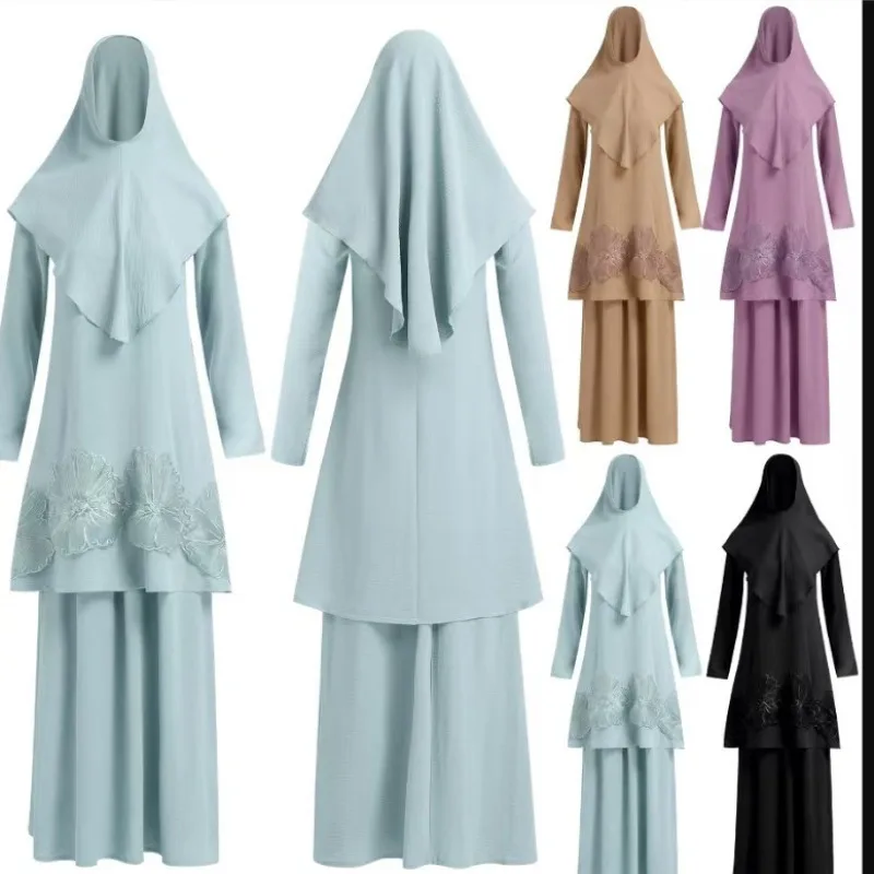 2024 New Ramadan Abaya Femme Fashion Muslim Robe Set Embroidered Three-piece Dress Including Headscarf