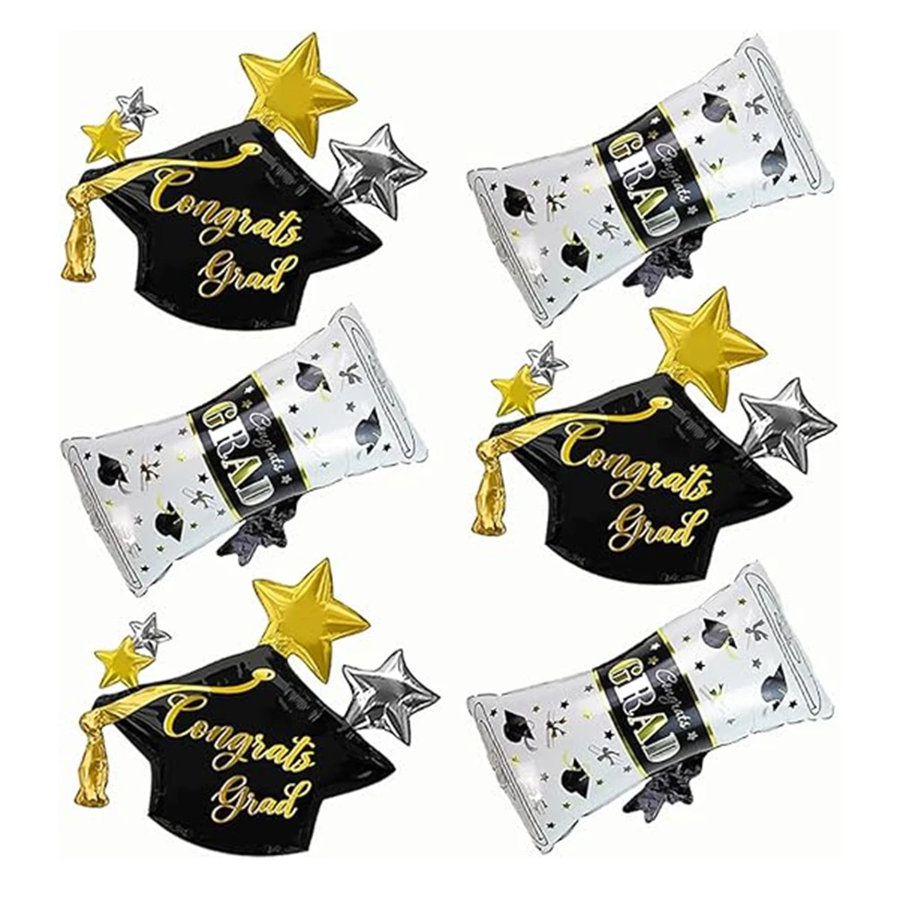 Set de Globos de Graduación en Negro y Dorado, 6 Globos de Aluminio con Diseños de Birrete y Diploma, Artículos para Fiestas de Graduación