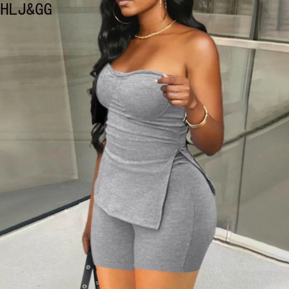 HLJ&GG Casual Solid Ribber Shorts Two Piece Sets Women Off Shoulder Slim Tube And Biker Shorts Tracksuits Female Sporty Outfits