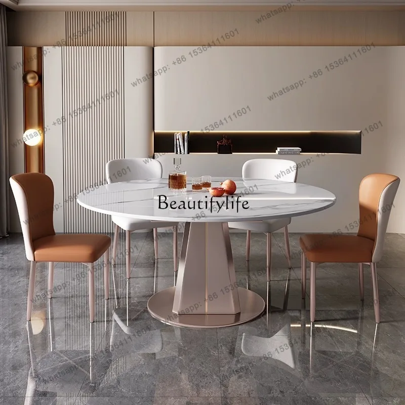 

13 Italian light luxury bright rock slab dining table round modern simple household dining table