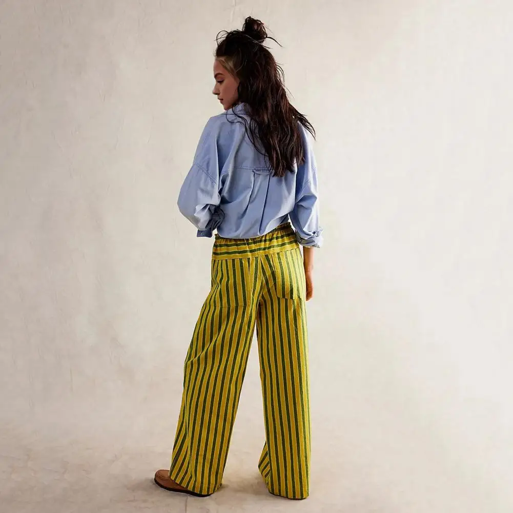 Women Wide-leg Pants Striped Print Bottoms Vertical Striped Wide Leg Pants with Drawstring Pockets for Women Streetwear for A