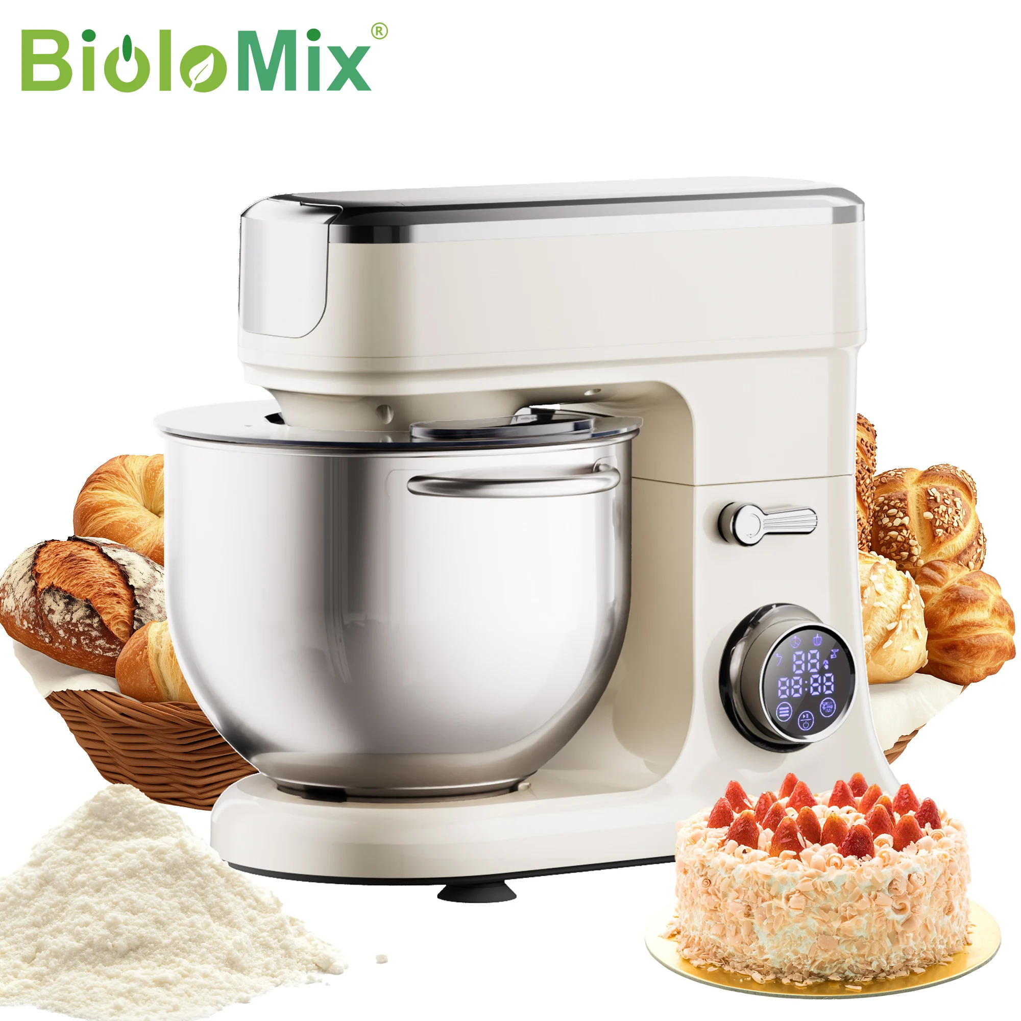 BioloMix 7L Food Mixers for Baking, 1200W DC Motor Stand Mixer, with Dough Hook, Whisk & Beater, Meat Grinder Attachment