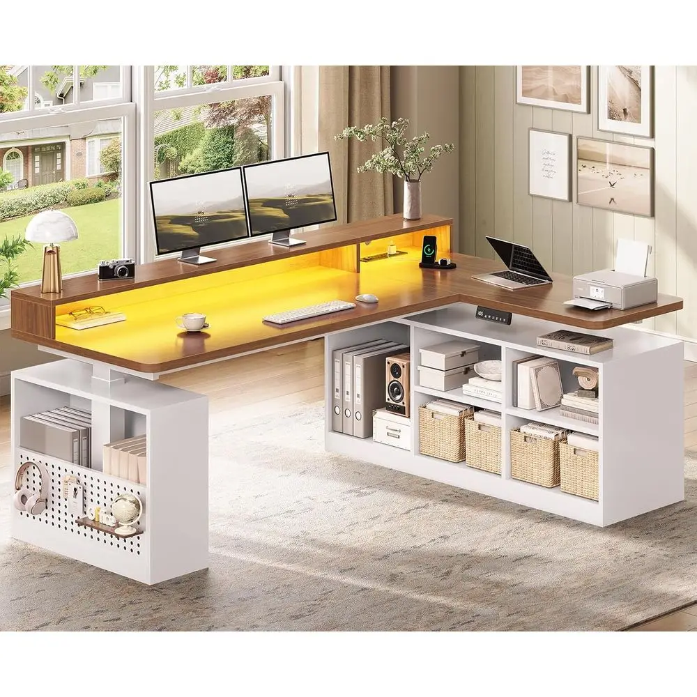 

Игровой стол 63 Brown LED, угловой, с системой хранения, регулируемой высотой, розеткой и перфорированной панелью