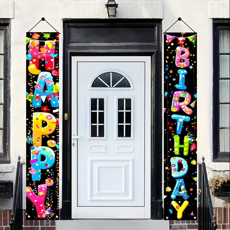 Leuchtendes, farbenfrohes „Happy Birthday“-Türbanner mit schwarzem Hintergrund und Konfetti für Geburtstagsfeiern und Dekoration