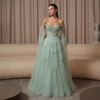 Sharon Said Elegant Off Shoulder Sage Green Evening Dress with Cape Sleeves Sweetheart Luxury for Weddig Party SS215 Customized