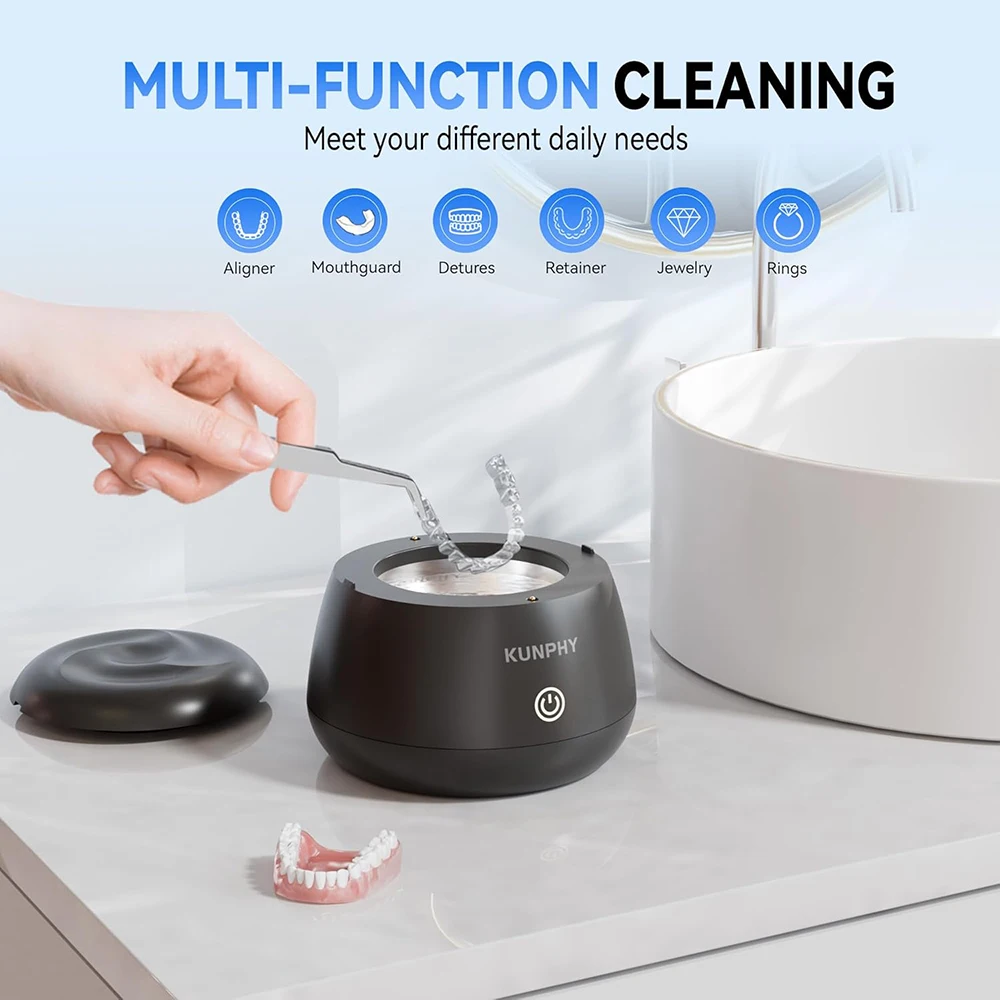 KUNPHY Ultrasonic Cleaner Bath With UV-C Light for Dental Dentures Mouth Guards Braces Toothbrush Heads Jewelry 48kHz Ultrasonic