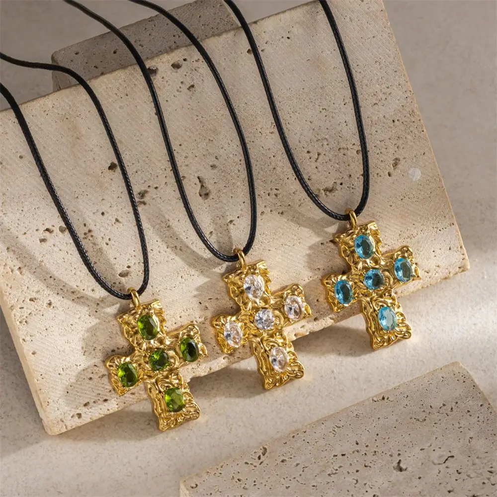 

Metal Vintage Necklace Irregular Colored Zircon Cross Pendant Necklace Retro Stainless Steel Exaggerated Necklace Jewelry Women