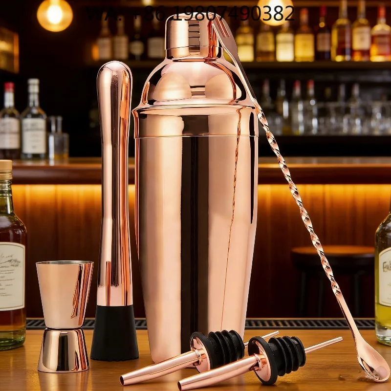 6Pcs Rose Gold Finished Stainless Steel Cocktail Shaker Bar Kit Minimal Mixology Tools For Wedding Bar Table Center Decor Gift