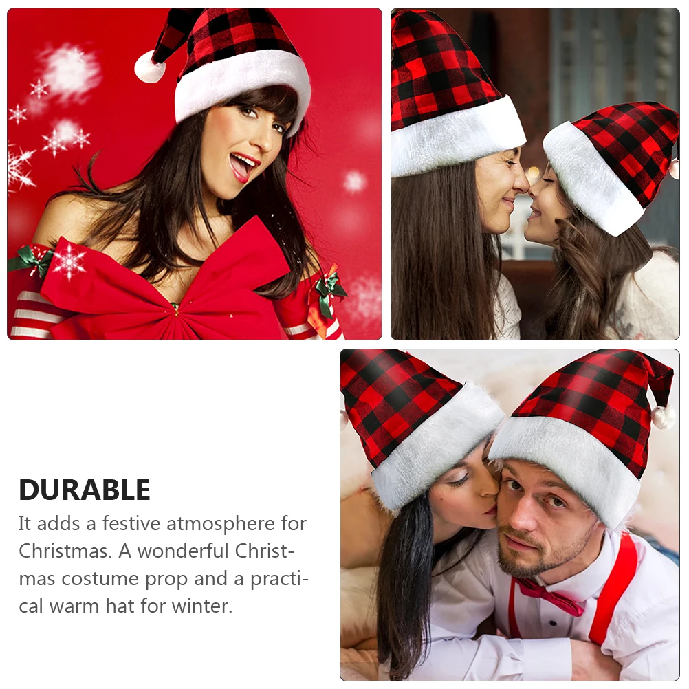 

2pcs Red Plaid Christmas Party Props Christmas Hats For Adults Festive Santa Hat Party Decorations Winter Warm Costume Props