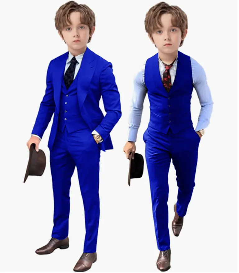 Royal Blue Kids Boys Suit Jacket Pants Vest 3 Piece Set Wedding Tuxedo Fashion Design 2-16 Years Customized Clothes Child Blazer