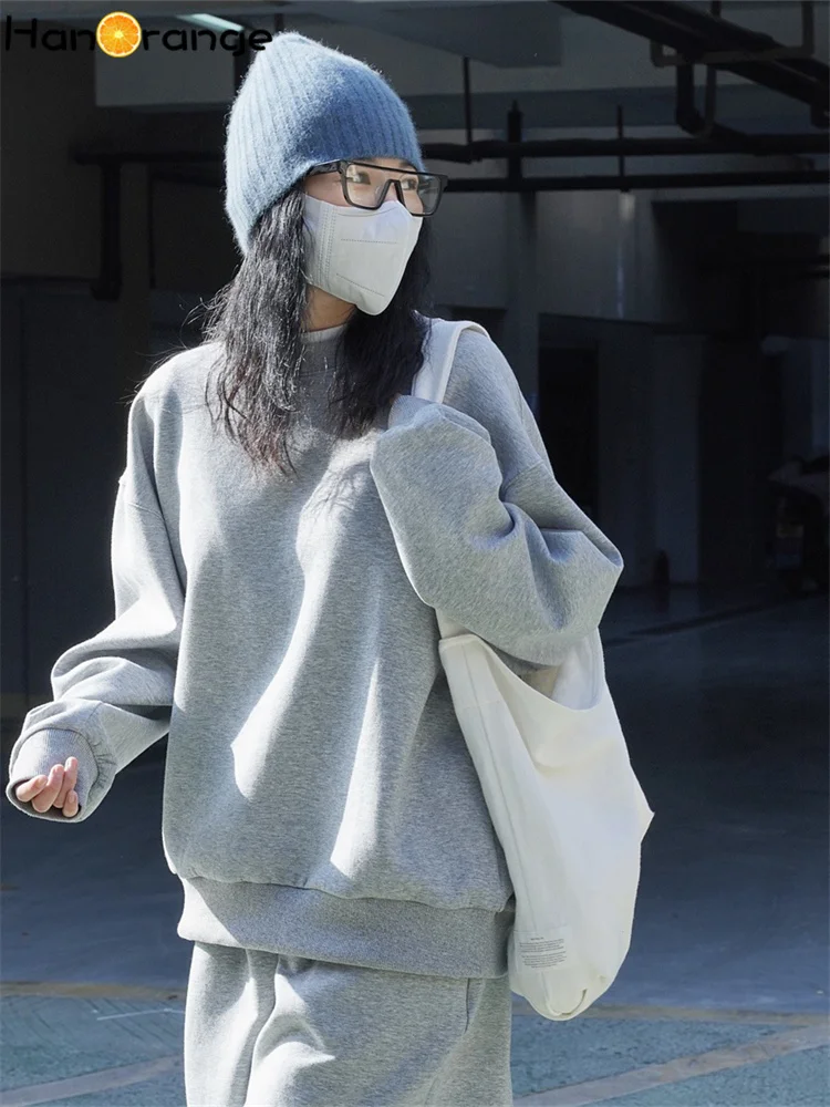 

HanOrange 2026 Весенний повседневный спортивный свитшот из ткани Air Layer, свободный, удобный, модный топ-пуловер для женщин, абрикосовый/серый