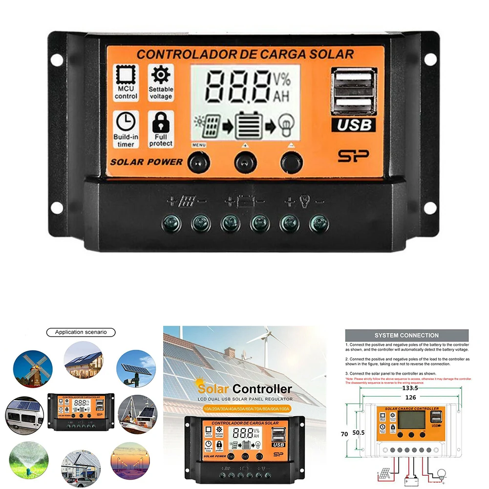 Auto Focus Tracking Solar Panel Charge Controller, Maximum Conversion Efficiency, LCD Display, Dual USB Output