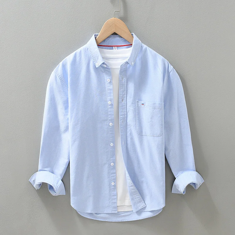 2023 New Spring Men's Long Sleeve Oxford Casual Shirt Front Patch Chest Pocket Regular-fit Button-down Collar Thick Work Shirts