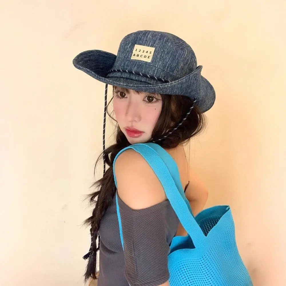 

Sunscreen Western Cowboy Hat Lightweight Japanese Style Denim Bucket Hat Wide-Brimmed Blue Sun Protection Basin Cap Camping