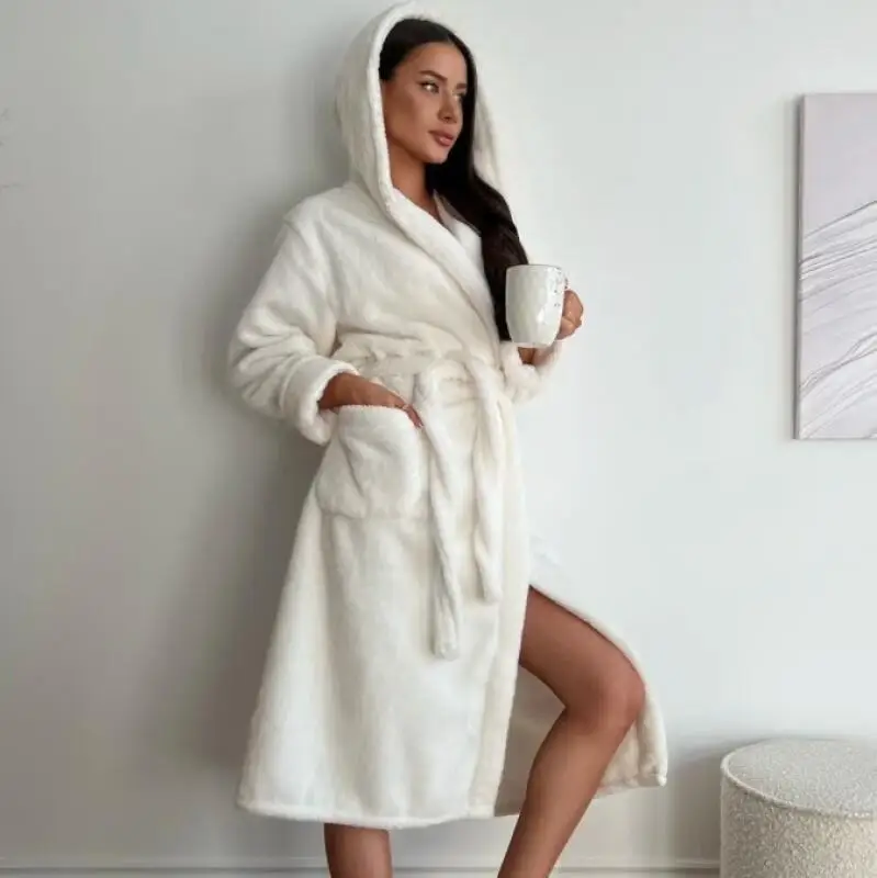 

Осенне-зимняя фланелевая одежда для сна, женские халаты с длинными рукавами, ночная рубашка с капюшоном, домашняя одежда с поясом, теплая флисовая пижама