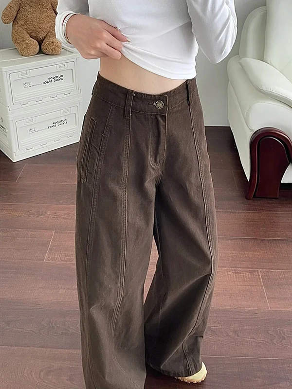 กางเกงยีนส์ขากว้างเอวสูงสีน้ำตาลสำหรับผู้หญิง ฤดูใบไม้ร่วง ฤดูหนาว รุ่นใหม่ ทรงหลวม ทรงตรง ดีไซน์วินเทจลายมีด