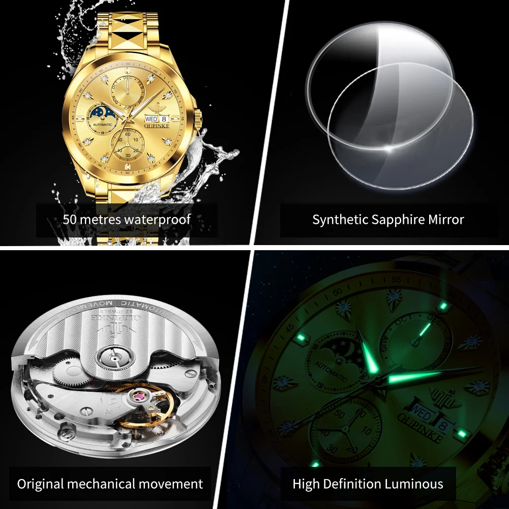 OUPINKE Luxury Original Brand Men\'s Watches Waterproof Golden Tungsten Steel Strip Automatic Mechanical Watch Date Moon Phase