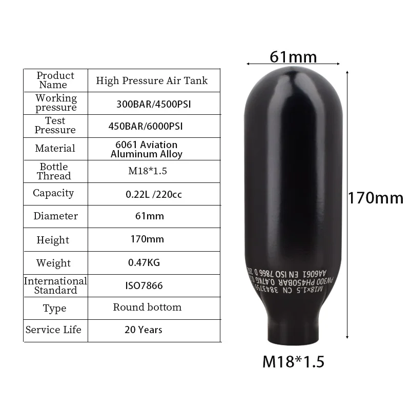 0.22L 220CC Compressor Gas Cylinder 300BAR 4500PSI Scuba Diving Air Tank HPA Black Aluminum Bottle CO2 Soda Station Fittings