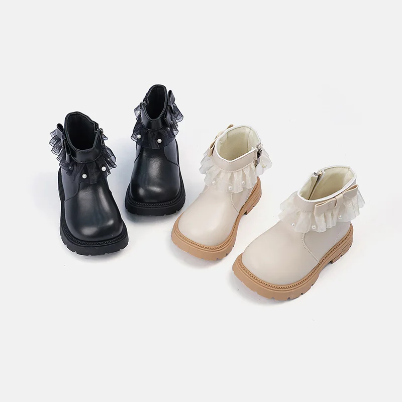 Little Girls Tulle Ruffle Pearl Bow Ankle Boots, Smooth PU Inner Zipper Thick Sole Princess Boots