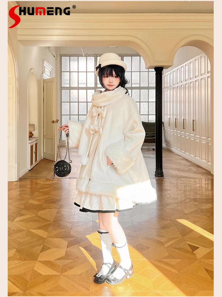 

Sweet Cute Plush Cape Coat Winter Patchwork Scarf Bow Long Sleeve A-line Loose Versatile Woolen Long Jacket for Women Overcoats