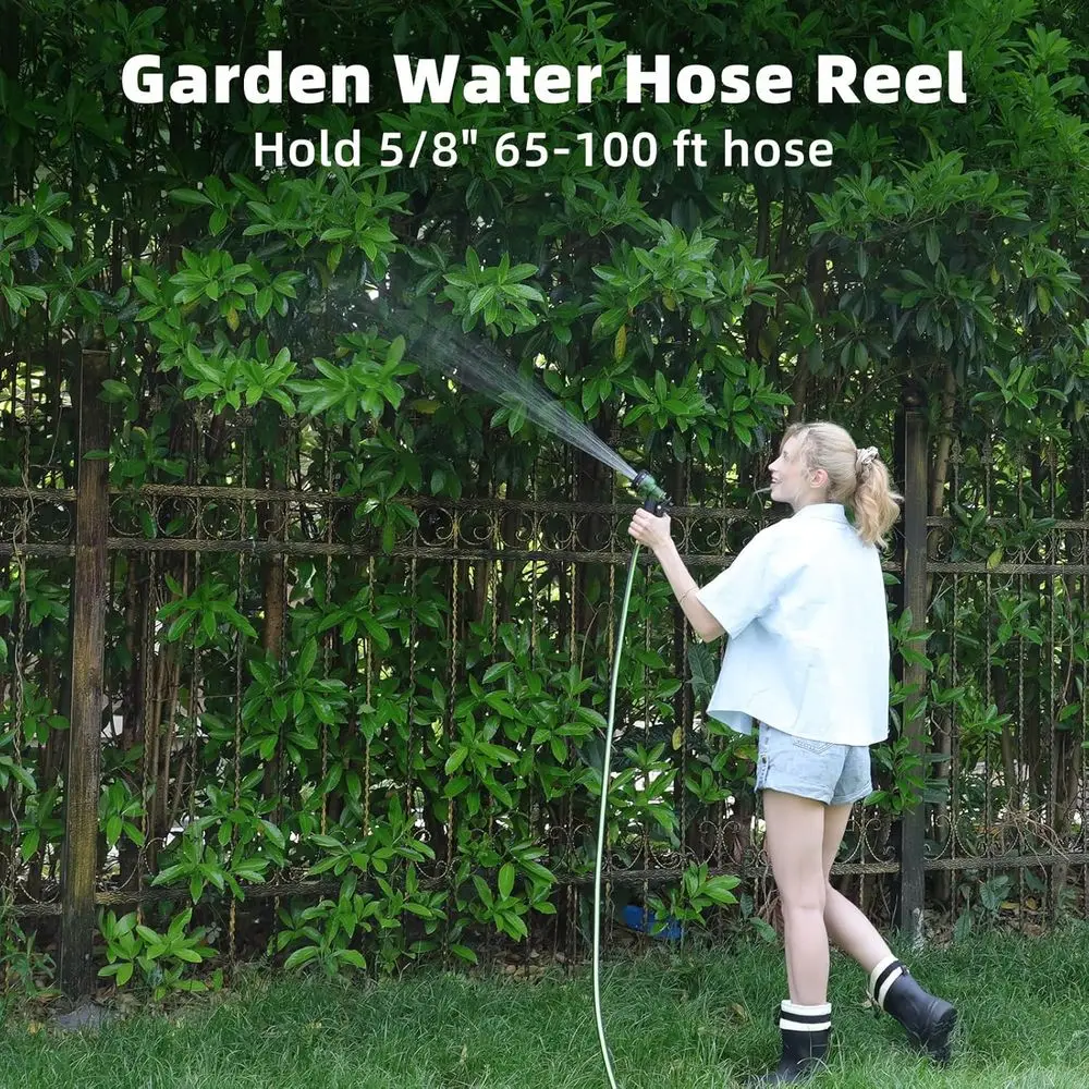 Garden Water Hose Cart, Holds 65-100 ft to 5/8 Inch, Wall Mounted, Portable Hose Holder, Convenient Hose Storage and Watering