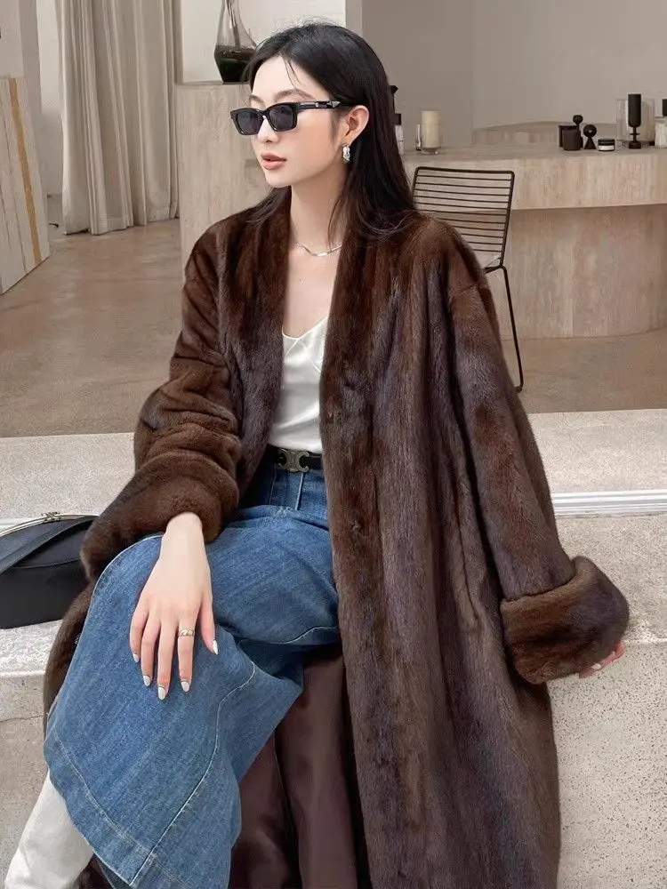 

2024 Winter Faux Mink Fur Coat Women Long Plush Overcoat V Neck Slim Fit Vintage Style Warm Elegant Fashion Outerwear Tops