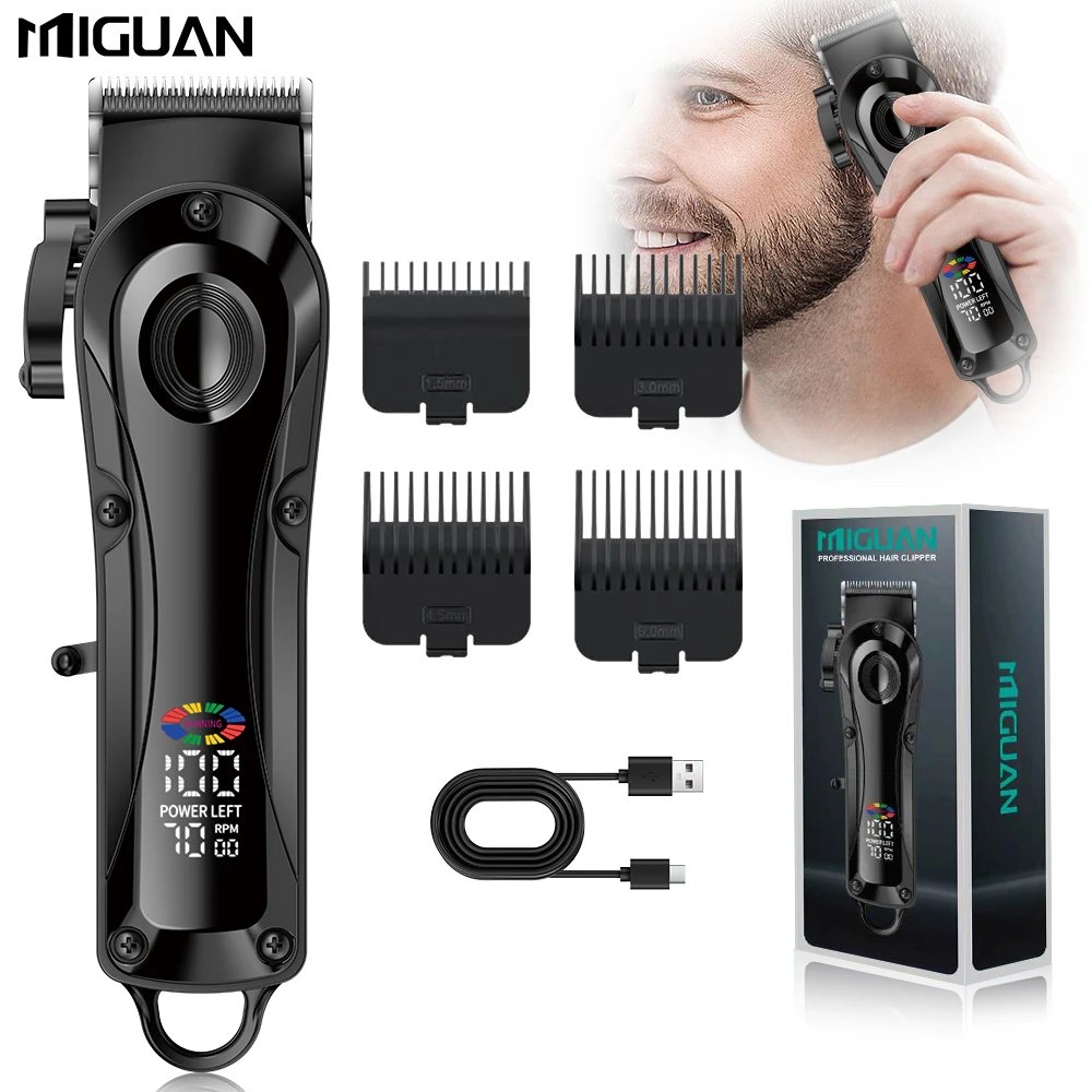 Professional men's hair clipper with LED display screen, rechargeable lithium battery, USB charging, wireless trimmer with