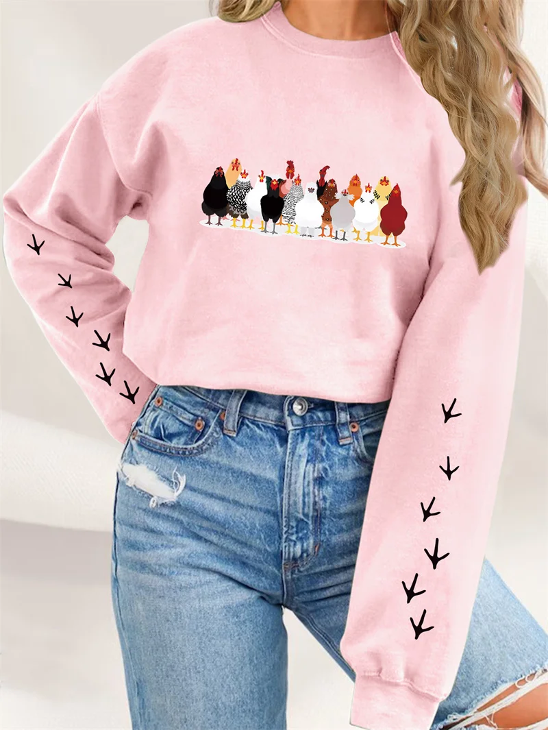 New autumn and winter fashion fun cute round neck thickened warm chicken chicken footprints printed ladies retro pullover hoodie