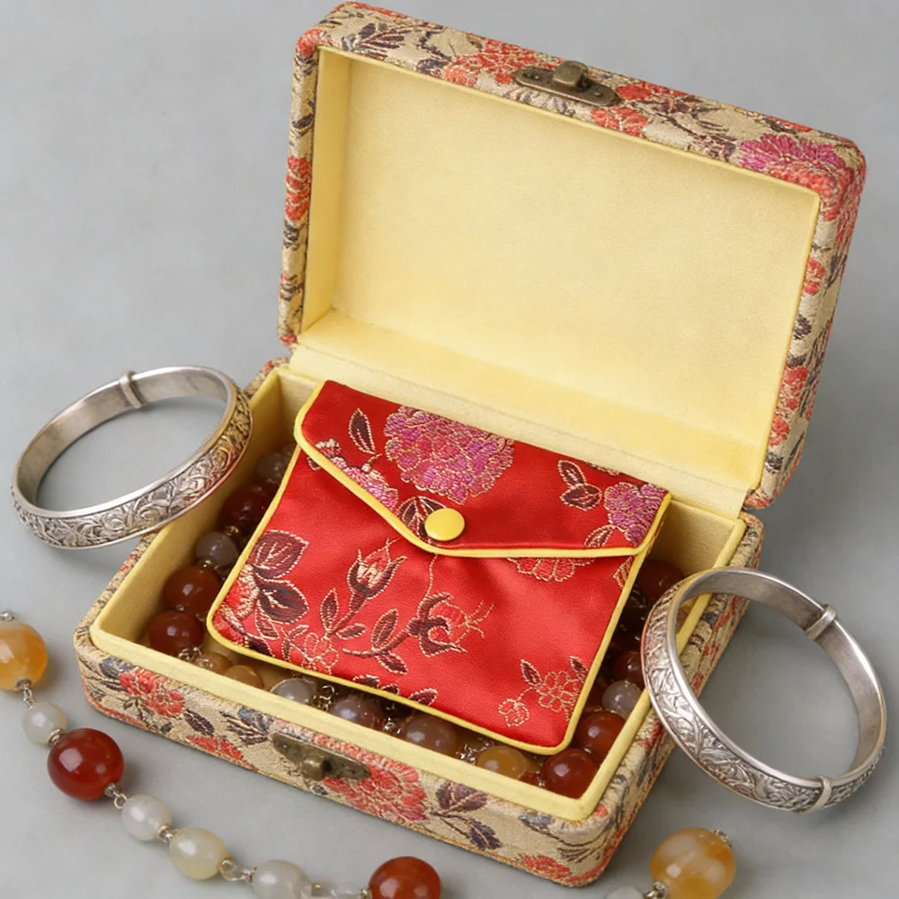 

Chinese Brocade Jewelry Storage Bag Zipper Snap Necklace Bracelet Earring Storage Pouch Satin Pocket Portable Travel Coin Purse
