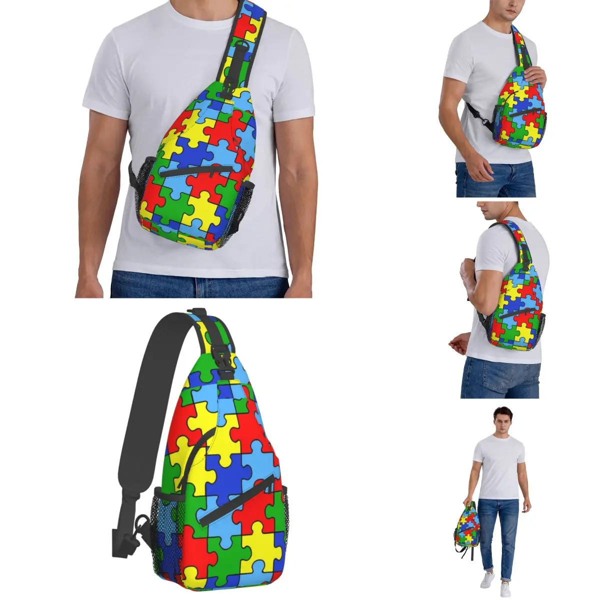 Mochila pequeña con cinta para el autismo, bolso de hombro cruzado en el pecho, mochila de senderismo al aire libre, mochila de moda para concientización, piezas de rompecabezas