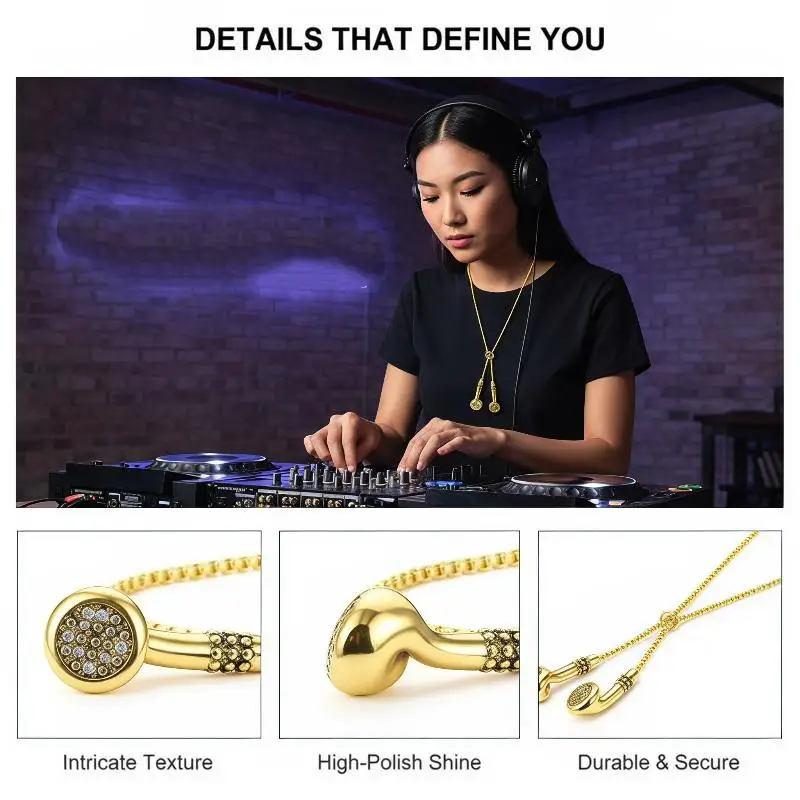 Rhinestone Inlaid Earphone Pendant Necklace High Quality Alloy Hip Hop Neckwear Gold Silver Available for Gift Giving