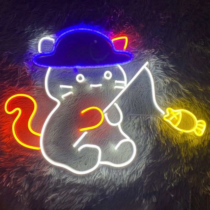 Enseigne au néon de pêche de chat mignon, décoration murale de chambre d'enfant, lumière LED, anime Kawaii personnalisé, meilleurs cadeaux personnalisés