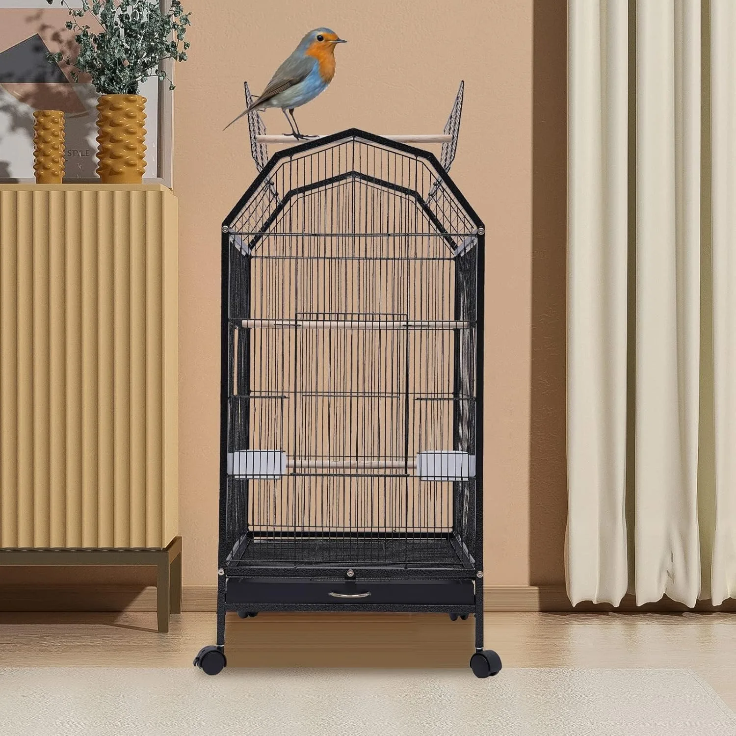 Bird Cage with Rolling Stand, Pet Bird Flight Cage Parrot Bird Cage with Feeding Cups for Parakeets, Canary, Lovebird, Parrotlet