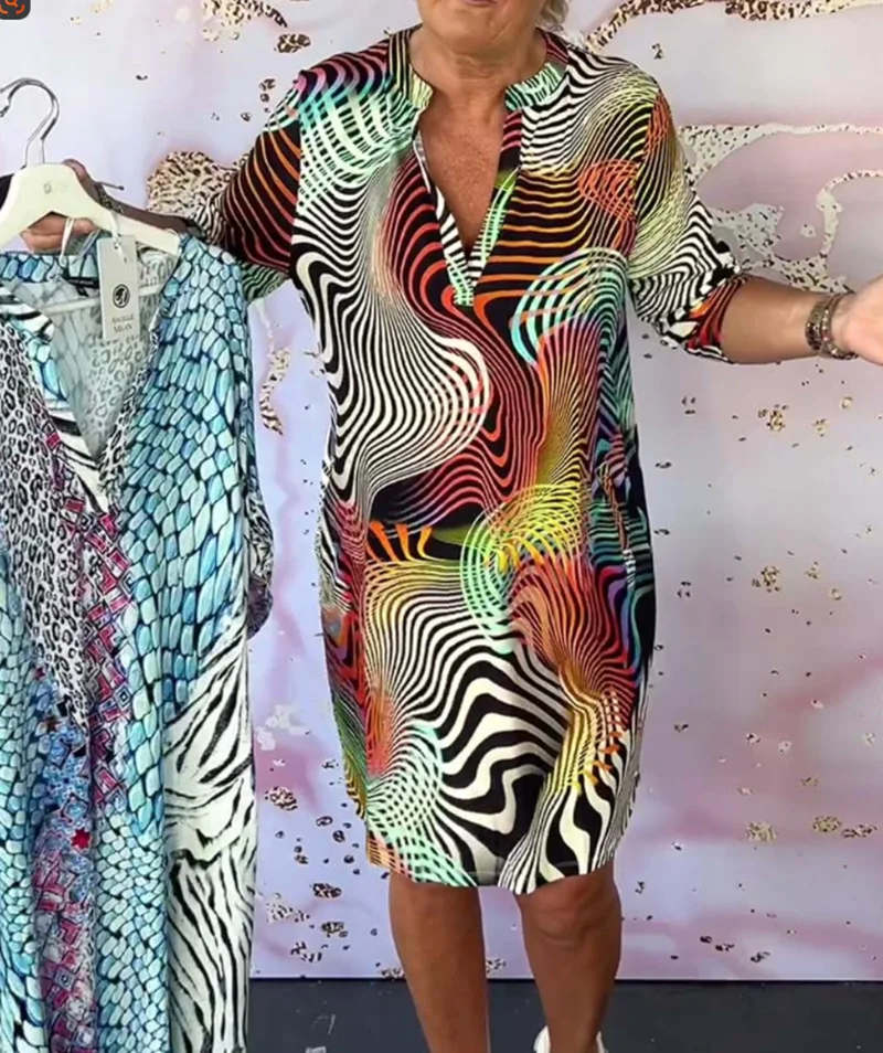 Elegante bedrukte jurk met V-hals en middenmouwen voor dames Nieuwe zomermode Casual losse kantoorvakantie feestjurken Dameskleden