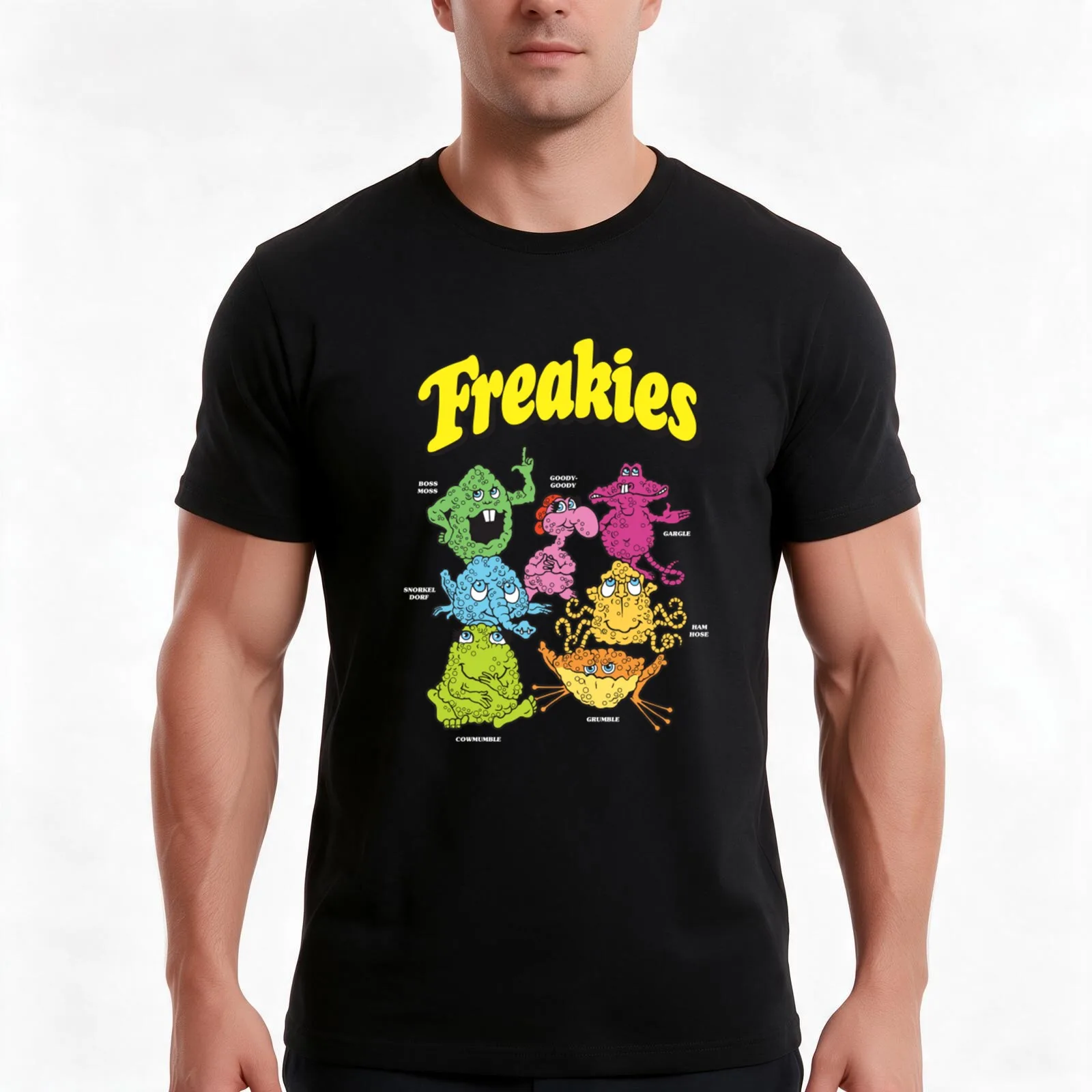 Freakies Cereal Dark T-Shirt, Summer Casual Cotton Tee, Oversized Streetwear Tops, Vintage Graphic Print, Loose Fit Short Sleeve