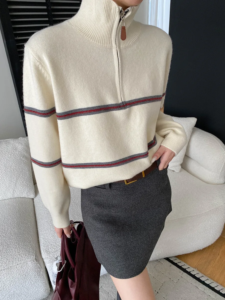 

Winter women's casual contrasting striped half zip lapel knit sweater