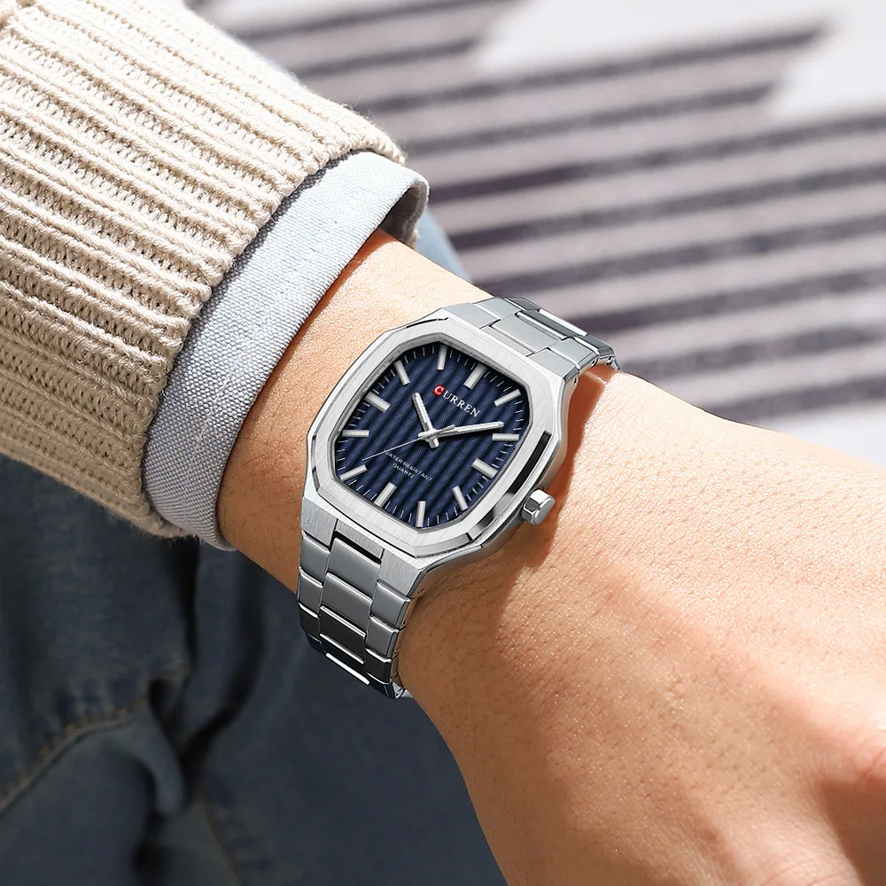 CURREN Square Casual Men's Watches Quartz Clock Stainless Steel Bracelet Simple Business Wristwatch with Luminous Hands