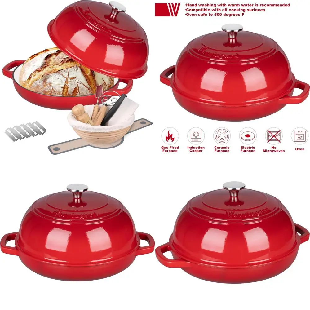 

Эмалированный чугунный голландский горшок для духовки с крышкой — идеально подходит для выпечки и расстойки хлеба на закваске, включая корзину для хлеба для выпечки