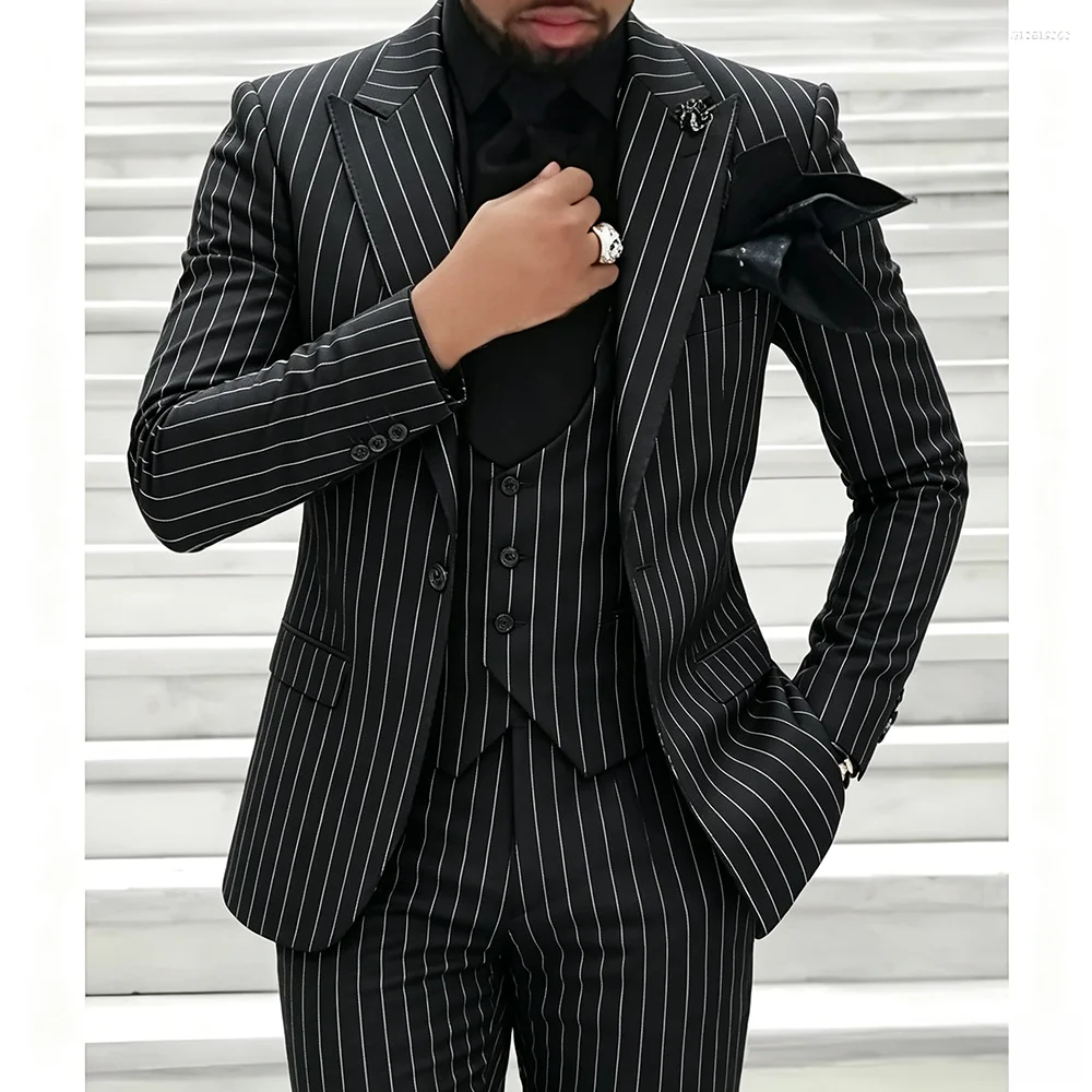 Men's Formal 3-Piece Striped Business Suit – Custom Slim-Fit Wedding Tuxedo (Jacket, Trousers, and Vest)