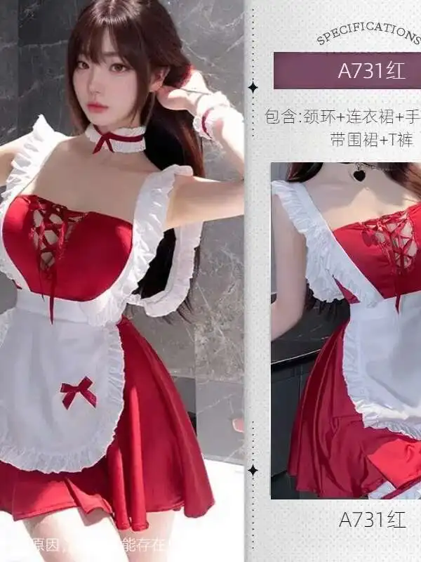 Sexy escote en V profundo ahueca hacia fuera el traje de sirvienta de encaje para mujer Cosplay babero con lazo tirantes de encaje sin espalda vestido sin mangas con escote en V profundo encantador DQLQ