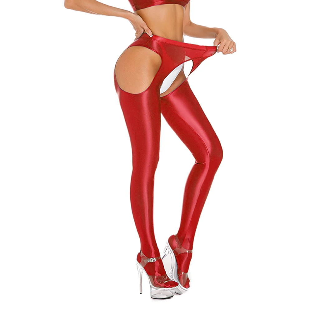 Women's Shiny See Through Open Crotch Leggings Skinny Dance Yoga Sports Pants Super Thin Pantyhose Solid Color