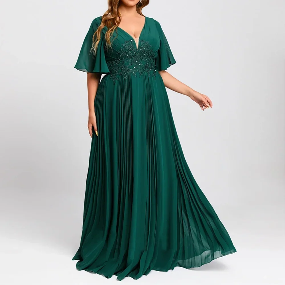 

Oversize Mother of the Bride Dresses V-Neck A-Line Half Sleeve Long Bridal Guest Dress Lace Appliques Sequin Draped Chiffon Gown