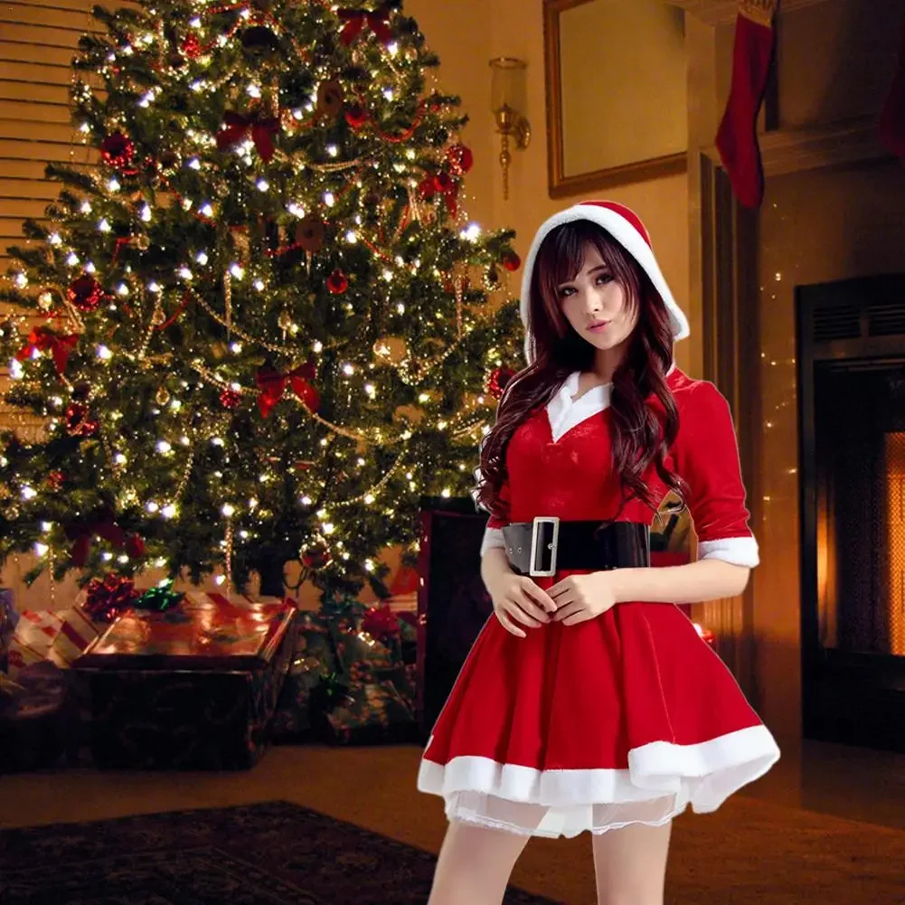 Christmas Hooded Dress With Belt Sexy Women's Christmas Costume Santa Costume Short Sleeve Plush Warm Hooded Fancy Pleated Dress