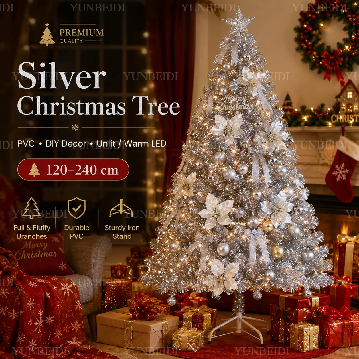 Künstlicher Silberner Weihnachtsbaum aus PVC, 120-240cm, Hochwertig mit Warmen LED-Lichtern, Weihnachtsbaum für DIY-Heimdekoration und Weihnachtsfeier