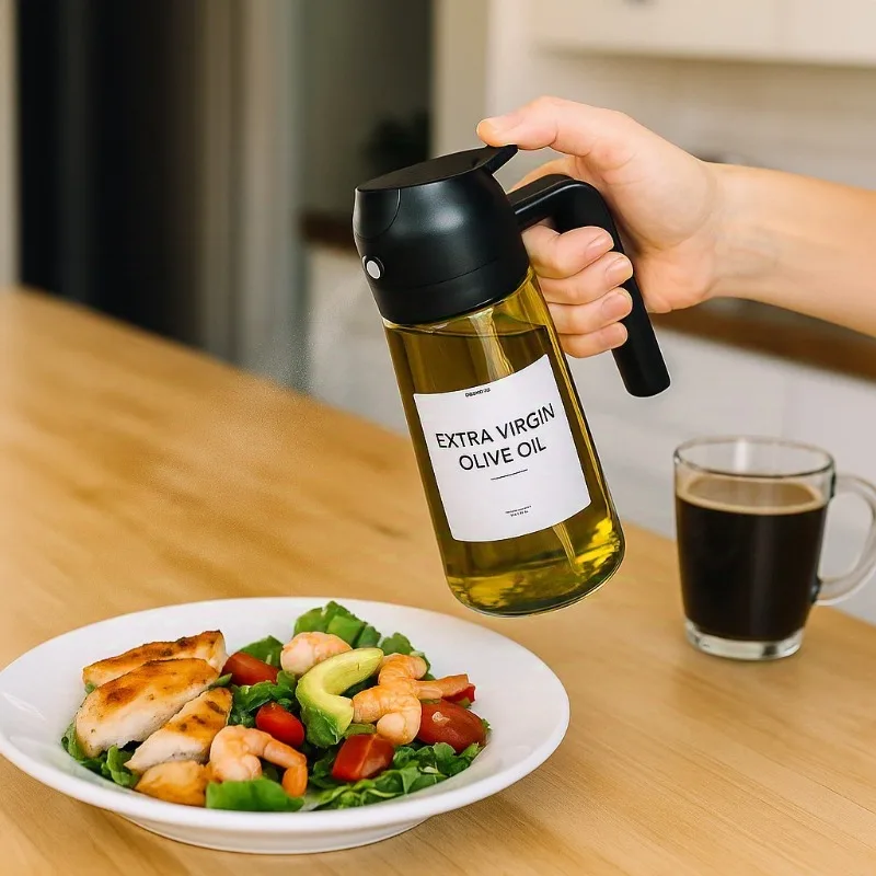 Glass 2 in 1 Olive Oil 470ML 16oz Light Blocking Dark Oil Sprayer for Cooking Dispenser Bottle Kitchen Dark Green Oil Bottle