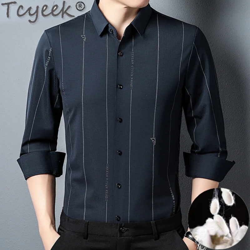 

Tcyeek Autumn Tops Long Sleeves Mens Shirts and Blouse Business Casual 100% Mulberry Silk Shirt Men Clothing Blusa Masculina Zm