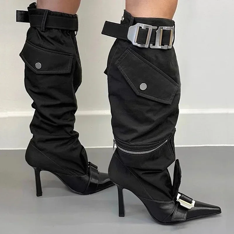 Belt Buckle Motorcycle Cowboy Spicy Girl Knee Length Boots Women\'s 2024 Winter New Pocket Workwear High Heel Knight Long Boots