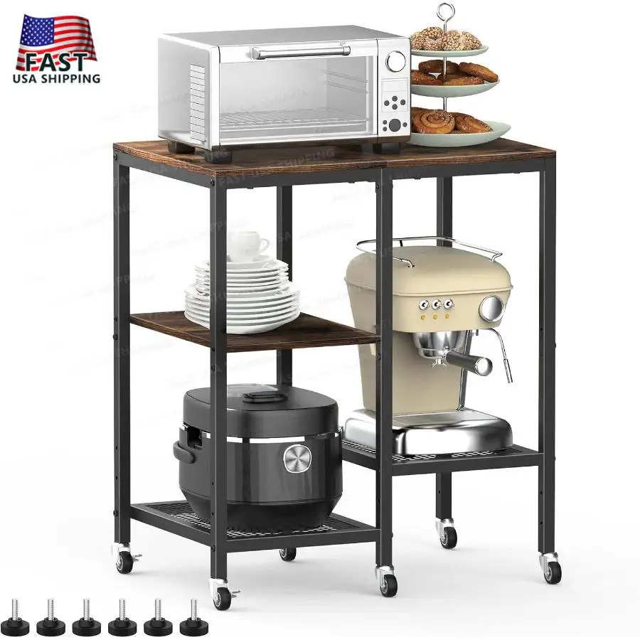 Kitchen Microwave CartMicrowave Stand with Wheels Coffee Bar Table Station 4-Tier Rolling Baker's Rack Small Appliance Storage