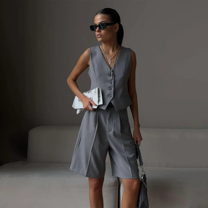 Chic Office Ladies Vest Suit Summer New British Style V-Neck Vests + Straight Knee Length Pants Women Two-Piece Set